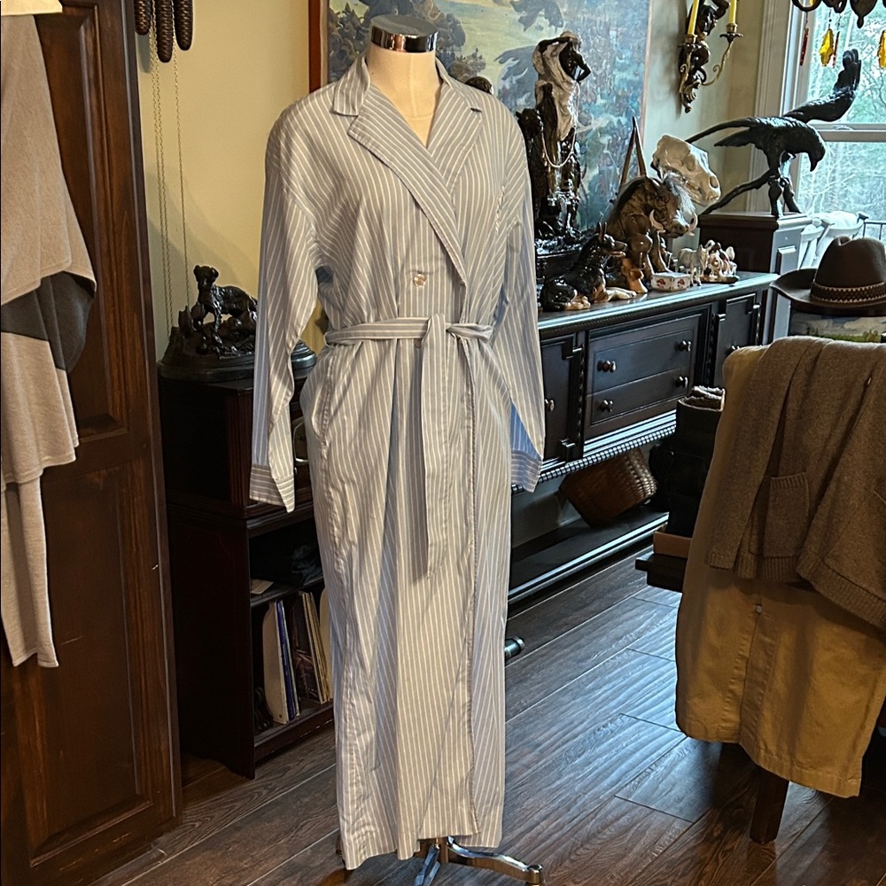 1980’s Birch Bros Striped Blue White Cotton Belted Women's Robe Sz S